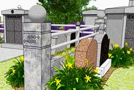 Granite post and feature knee wall with metal pipe rail for your Sunset Memorial and Stone Garden